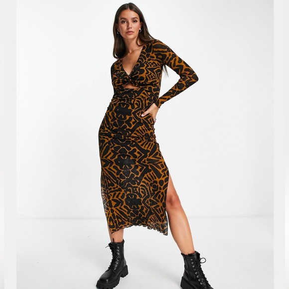 ASOS Topshop tall cut out twist front midi dress in multi bold animal print - Picture 2 of 11